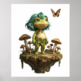 Poster Menina de Sapo Fofo Entre Cogumelos com Borboleta