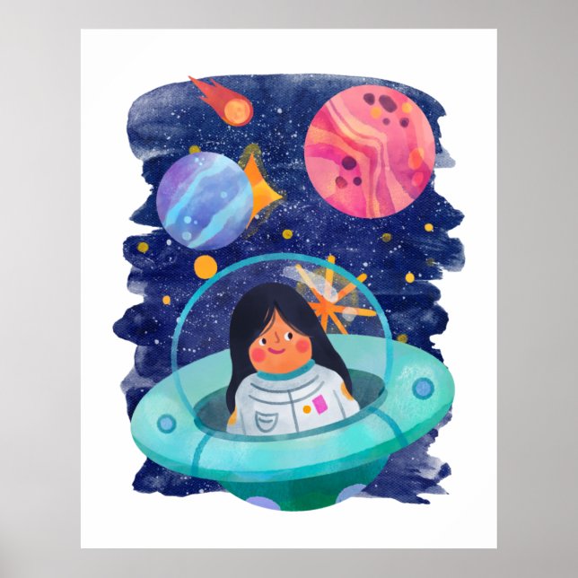 Poster Menina Disco Voador Astronauta Espaço Exterior Pla (Frente)