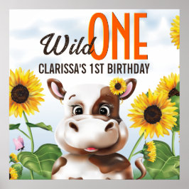 Poster Menina do Girassol de Vaca Primeiro Aniversário