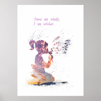 Poster Menina e dandelion decoração em aquarela
