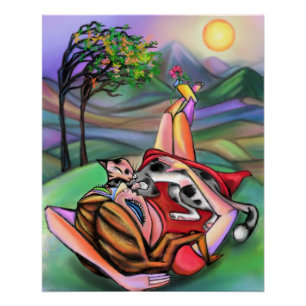 Pôster Menina e Gato no Estilo de Arte da Natureza