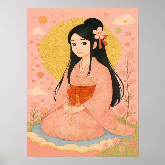 Poster Menina Elegante em Kimono - Estilo Japonês de Arte (Frente)
