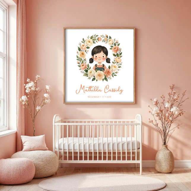 Poster Menina encantadora com guirlanda circular de rosas (Watercolor Effect Girl with Rose Circular Wreath Frame Illustration Poster for Nursery Decor. )