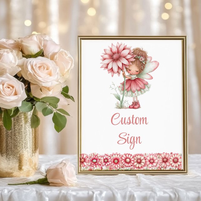 Poster Menina Fada Caprichosa Flores Rosadas Aniversário  (Whimsical Fairy Girl Blush Floral Birthday Custom Sign

)