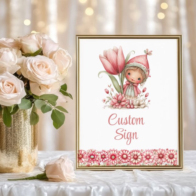 Poster Menina Fada Fantasia Floral Rosa Aniversário Assin (Whimsy Fairy Girl Blush Floral Birthday Custom Sign

)