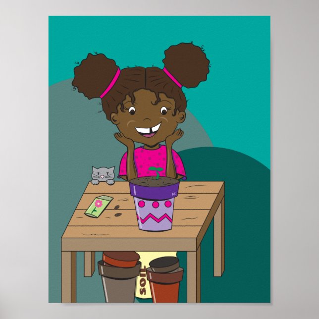 Poster Menina Feliz Olhando para o Cartaz de suas Mudas (Frente)