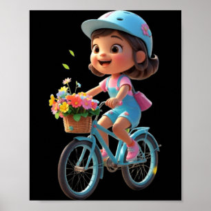 Poster Menina Floral Fofa com Bicicleta Design Unissex Di