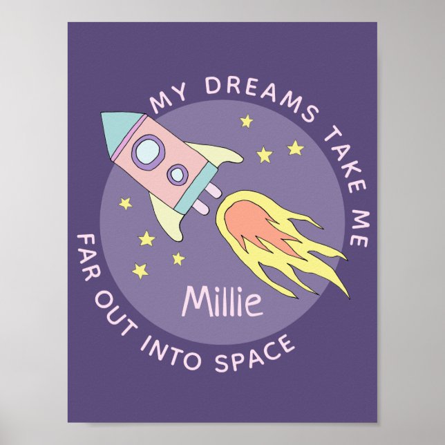 Poster Menina Foguete Espacial Rosa e Nome Crianças (Frente)