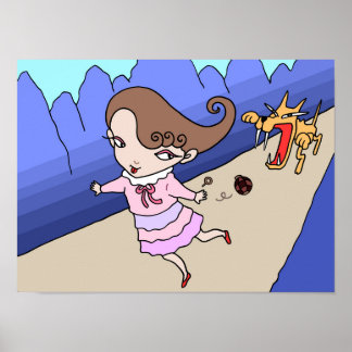 Poster Menina fugindo de um lobo feroz.