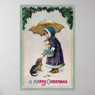 Poster Menina, gato & cão sob o guarda-chuva no vintage
