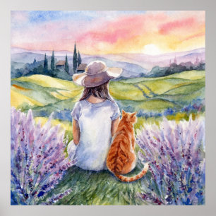 Poster Menina & Gato Ginger Observando o Nascer do Sol Ar
