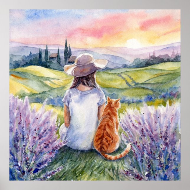 Poster Menina & Gato Ginger Observando o Nascer do Sol Ar (Frente)