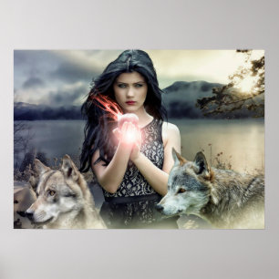 Pôster Menina gótico Mystical com lobos e luz mágica