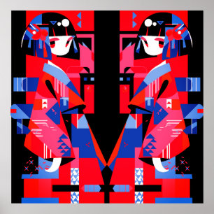 Poster Menina Japonesa Abstrata Moderna – Kimono Geométri
