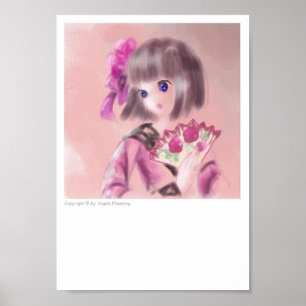 Pôster Menina japonesa bonito com um fã
