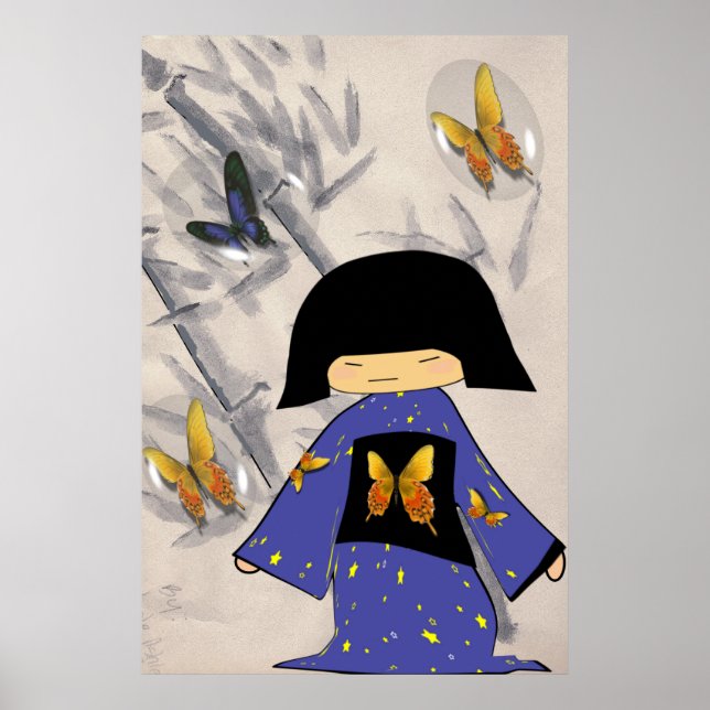Pôster Menina Japonesa com Bolhas de Borboleta (Frente)
