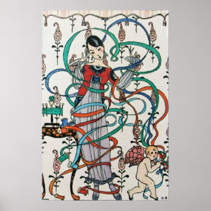 PÔSTER MENINA JOVEM COM FITAS COLORIDAS RODOPINDO E CUPID