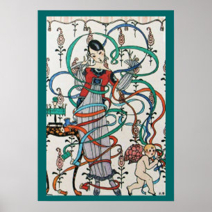 POSTER MENINA JOVEM COM LAÇO COLORIDO GIRANDO E CUPIDO