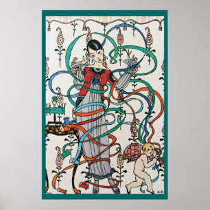 POSTER MENINA JOVEM COM LAÇO COLORIDO GIRANDO E CUPIDO