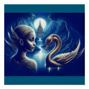 Pôster Menina Jovem e Cisne Paisagem Incrível