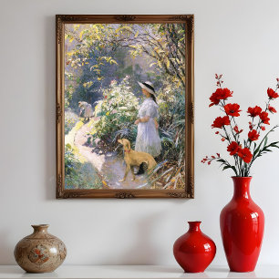 Poster Menina jovem e seu galgo no jardim, 