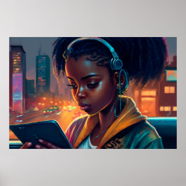 Poster Menina lendo em uma cidade do futuro