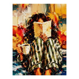 Pôster Menina Lendo Livro Pintura Artística Aconchegante