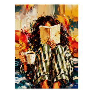 Pôster Menina Lendo Livro Pintura Artística Aconchegante