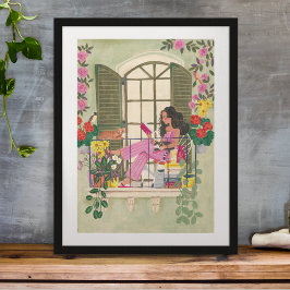 Poster Menina lendo no balcão de verão com gatos