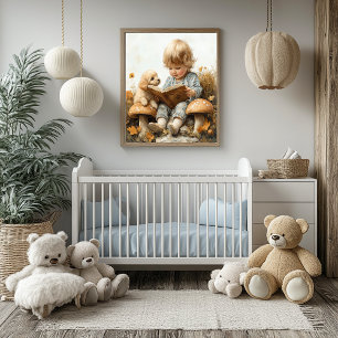 Poster Menina lendo para cachorrinho marrom cogumelos