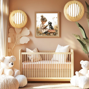 Poster Menina lendo para cachorrinho preto e branco Cogum