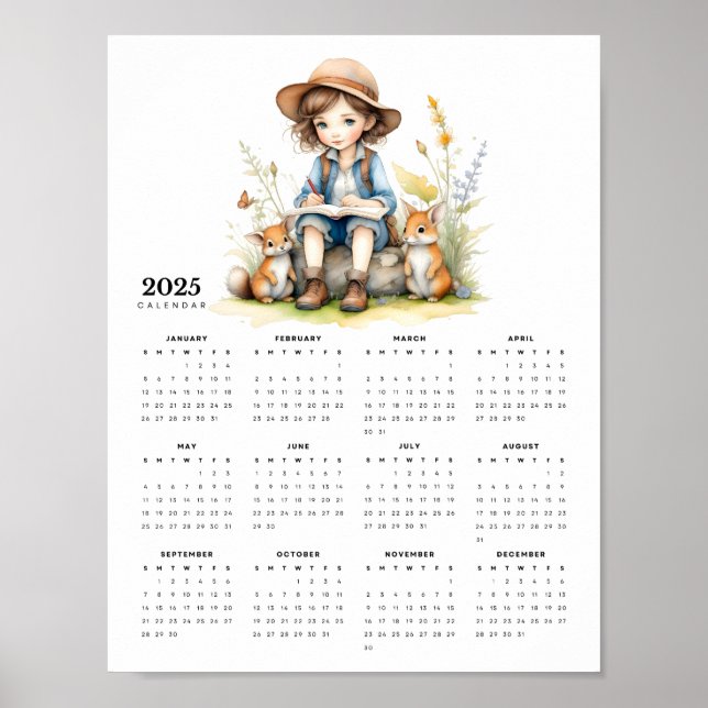 Poster Menina lendo um livro para coelhos Calendário 2025 (Frente)