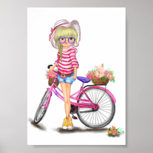 Poster Menina Loura-Gira com Bicicleta Rosa e Gato nas Fl