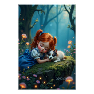 Pôster Menina Mágica e Cachorrinho na Floresta Encantada