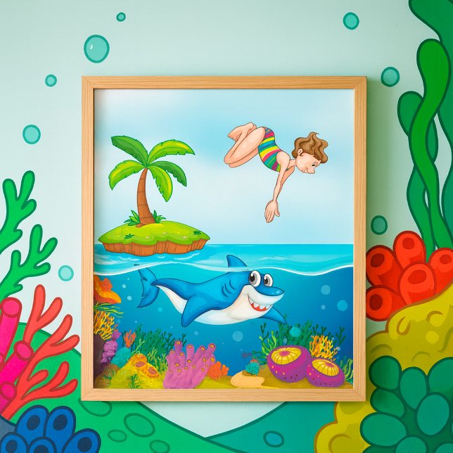 Poster Menina Mergulhando no Oceano com Tubarão Amigável  (Criador carregado)