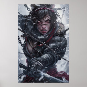 Poster Menina Mística Ninja com dentes Tigres Lutando em
