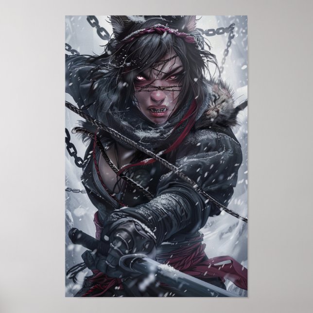 Poster Menina Mística Ninja com dentes Tigres Lutando em  (Frente)