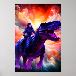 Poster Menina Montando Dinossauro para Sala de Adultos e 