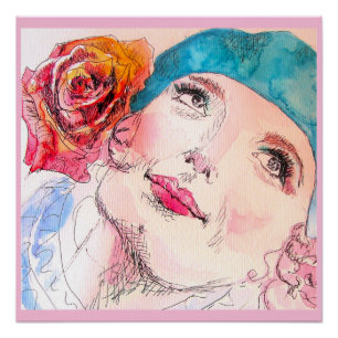 Pôster Menina Mulher Rosa Aquarela Boina Aqua Rosa Cartaz