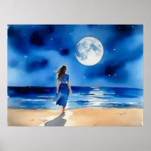 Poster Menina na praia debaixo de uma lua cheia