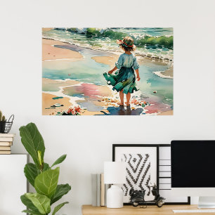 Poster Menina na praia, ondas oceânicas aquáticas,