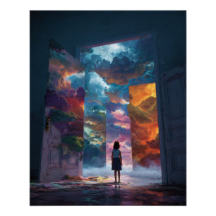 Pôster Menina no Portal para um Mundo de Sonho Vibrante