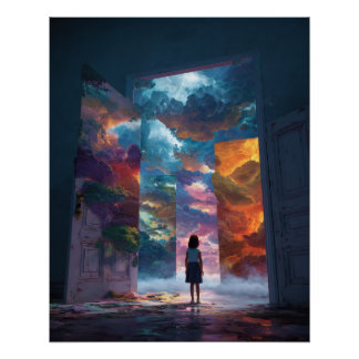 Pôster Menina no Portal para um Mundo de Sonho Vibrante