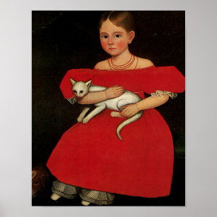 Pôster Menina no vermelho com seus gato e cão