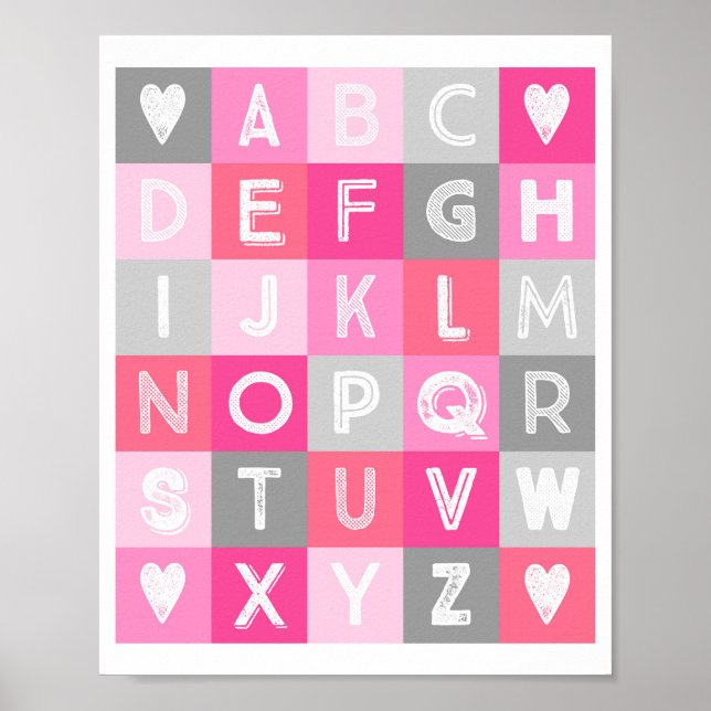 Poster Menina Nursery Decor Alphabet Cinza Rosa (Frente)