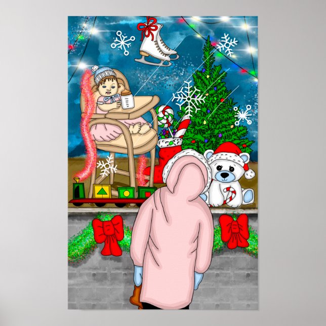 Poster Menina olhando através de uma janela de Natal (Frente)