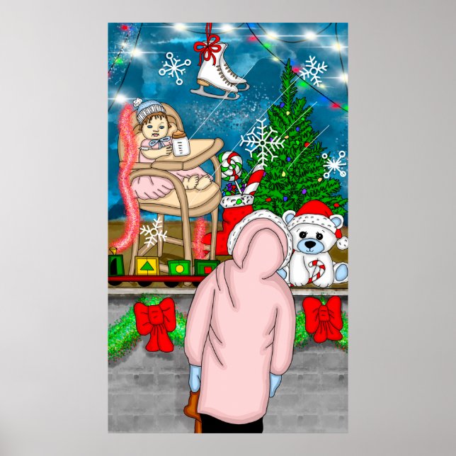 Poster Menina olhando através de uma janela de Natal (Frente)