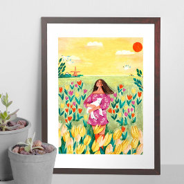 Poster Menina parada no campo de tulipas holandês