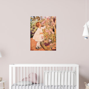 Poster Menina Pequena Cheirando Flores Ilustração Vintage