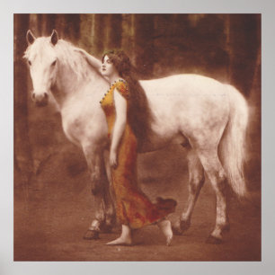 Pôster Menina romântica do Victorian com o cavalo branco